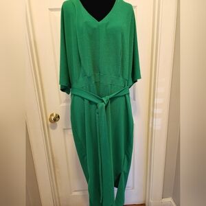 Green V-Neck Belted Midi Dress, 1X